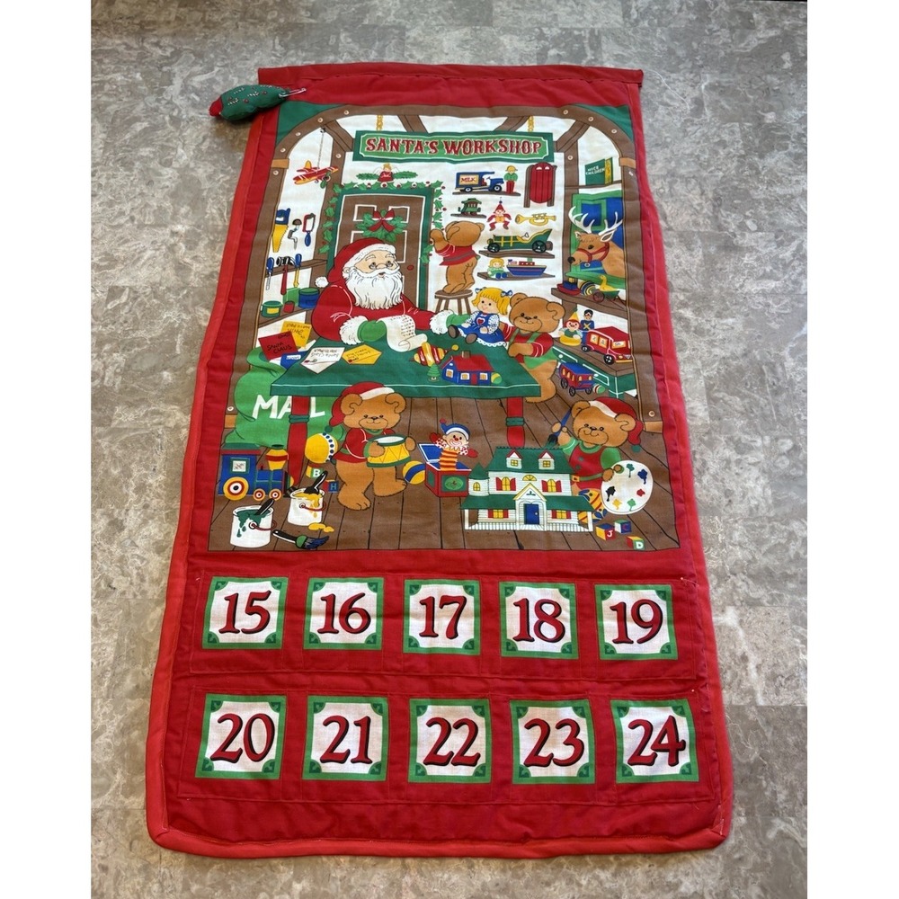 Vintage Santa's Workshop Christmas Eve Countdown Calendar Fabric 10 Day W Tree